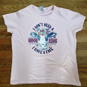 Gildan Pink XL Tee Cow Graphic 100% Cotton Colorful Flowers Mood Funny Glitter